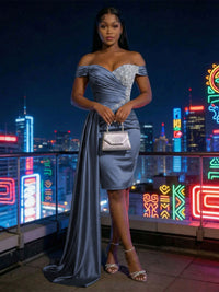 Sheath Satin Off Shoulder Short-Length Evening Dresses with Side Drape