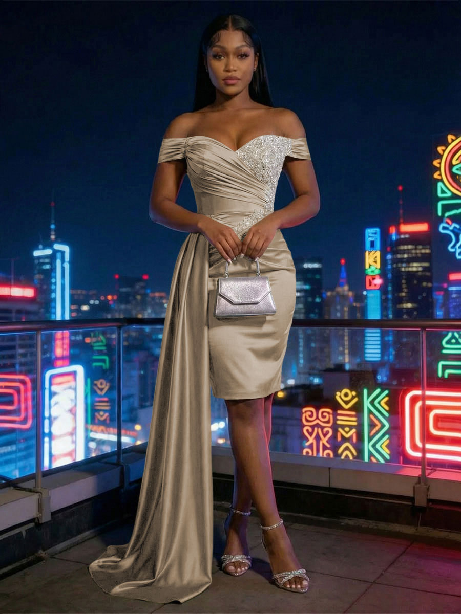 Sheath Satin Off Shoulder Short-Length Evening Dresses with Side Drape
