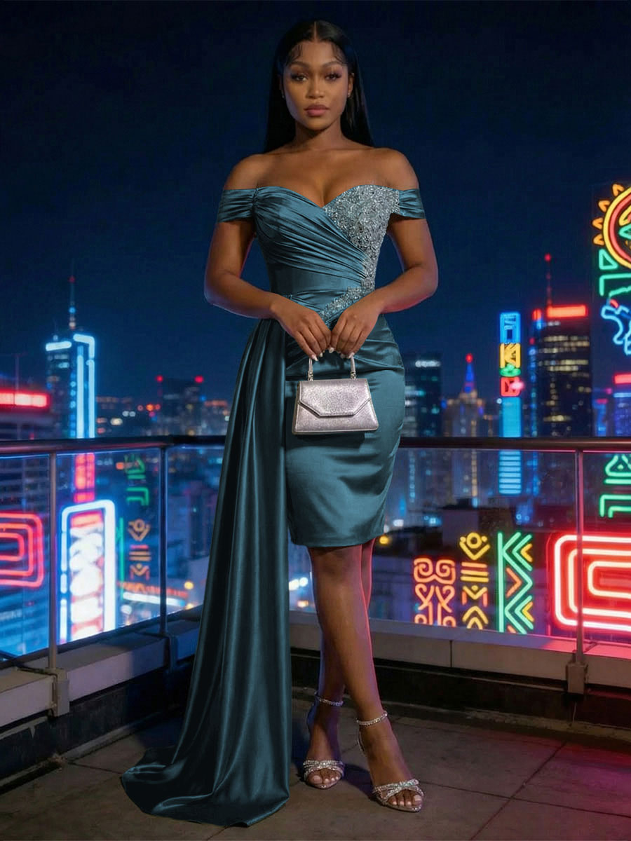 Sheath Satin Off Shoulder Short-Length Evening Dresses with Side Drape