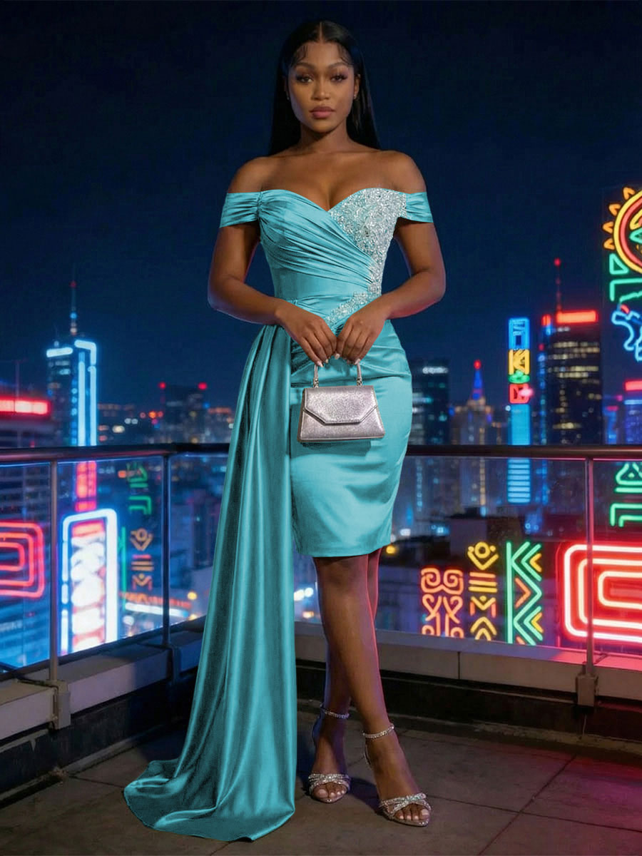 Sheath Satin Off Shoulder Short-Length Evening Dresses with Side Drape