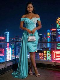 Sheath Satin Off Shoulder Short-Length Evening Dresses with Side Drape