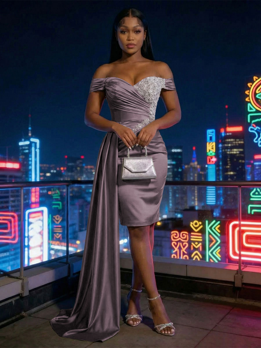 Sheath Satin Off Shoulder Short-Length Evening Dresses with Side Drape