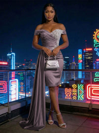 Sheath Satin Off Shoulder Short-Length Evening Dresses with Side Drape