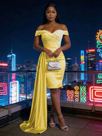Sheath Satin Off Shoulder Short-Length Evening Dresses with Side Drape