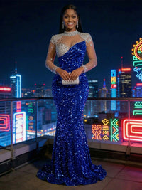 Mermaid Sparkly Sequin Illusion Long Sleeves Evening Dresses with Rhinestones