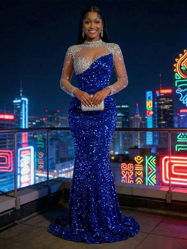 Mermaid Sparkly Sequin Illusion Long Sleeves Evening Dresses with Rhinestones