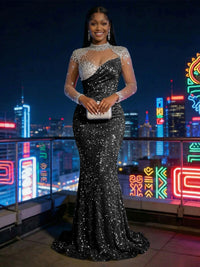 Mermaid Sparkly Sequin Illusion Long Sleeves Evening Dresses with Rhinestones