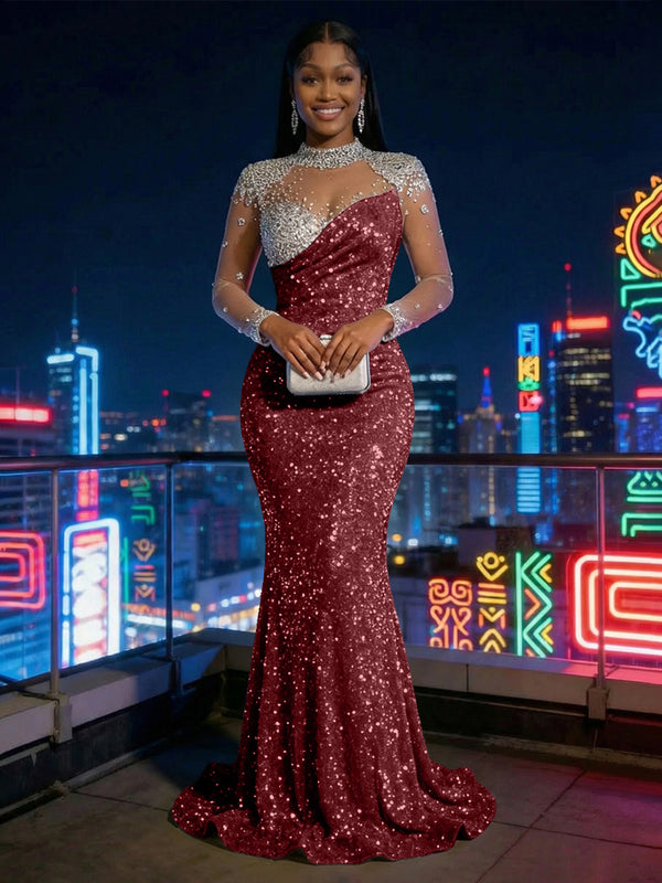 Mermaid Sparkly Sequin Illusion Long Sleeves Evening Dresses with Rhinestones
