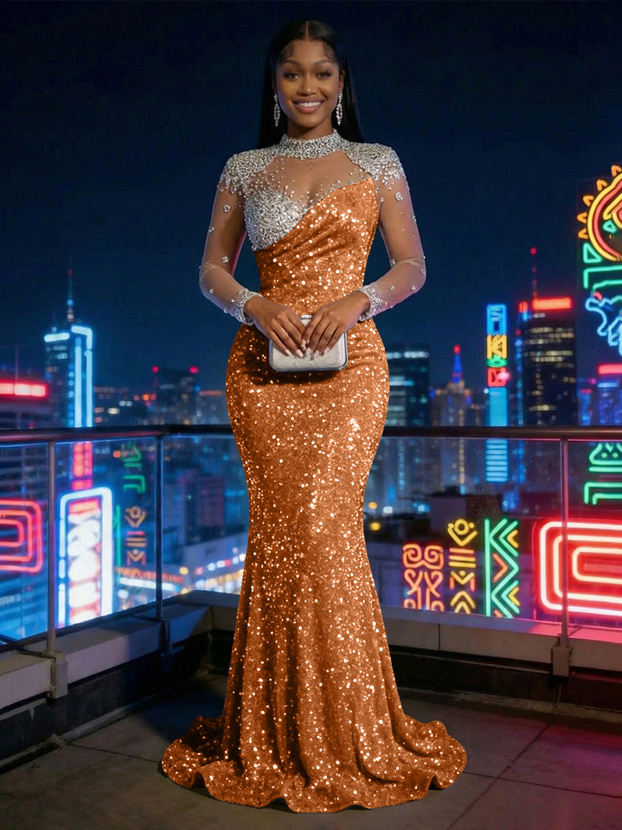 Mermaid Sparkly Sequin Illusion Long Sleeves Evening Dresses with Rhinestones