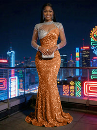 Mermaid Sparkly Sequin Illusion Long Sleeves Evening Dresses with Rhinestones