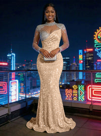 Mermaid Sparkly Sequin Illusion Long Sleeves Evening Dresses with Rhinestones