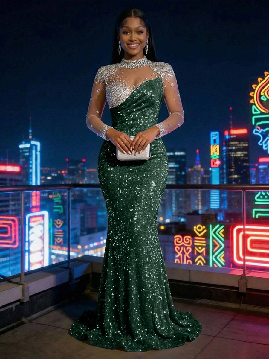 Mermaid Sparkly Sequin Illusion Long Sleeves Evening Dresses with Rhinestones