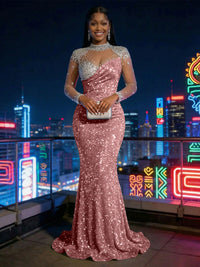 Mermaid Sparkly Sequin Illusion Long Sleeves Evening Dresses with Rhinestones