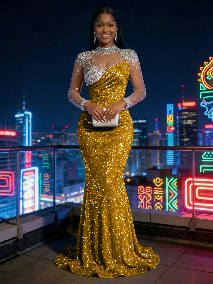Mermaid Sparkly Sequin Illusion Long Sleeves Evening Dresses with Rhinestones