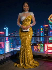 Mermaid Sparkly Sequin Illusion Long Sleeves Evening Dresses with Rhinestones