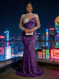 Mermaid Sparkly Sequin Illusion Long Sleeves Evening Dresses with Rhinestones