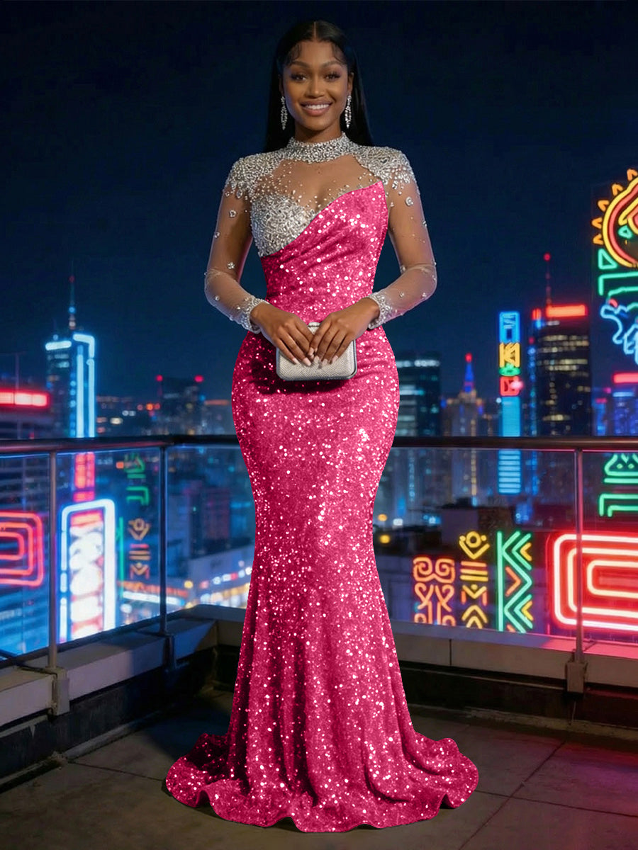 Mermaid Sparkly Sequin Illusion Long Sleeves Evening Dresses with Rhinestones