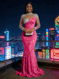 Mermaid Sparkly Sequin Illusion Long Sleeves Evening Dresses with Rhinestones