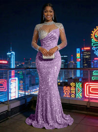 Mermaid Sparkly Sequin Illusion Long Sleeves Evening Dresses with Rhinestones