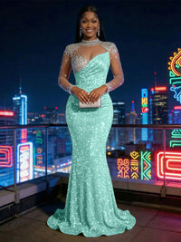 Mermaid Sparkly Sequin Illusion Long Sleeves Evening Dresses with Rhinestones