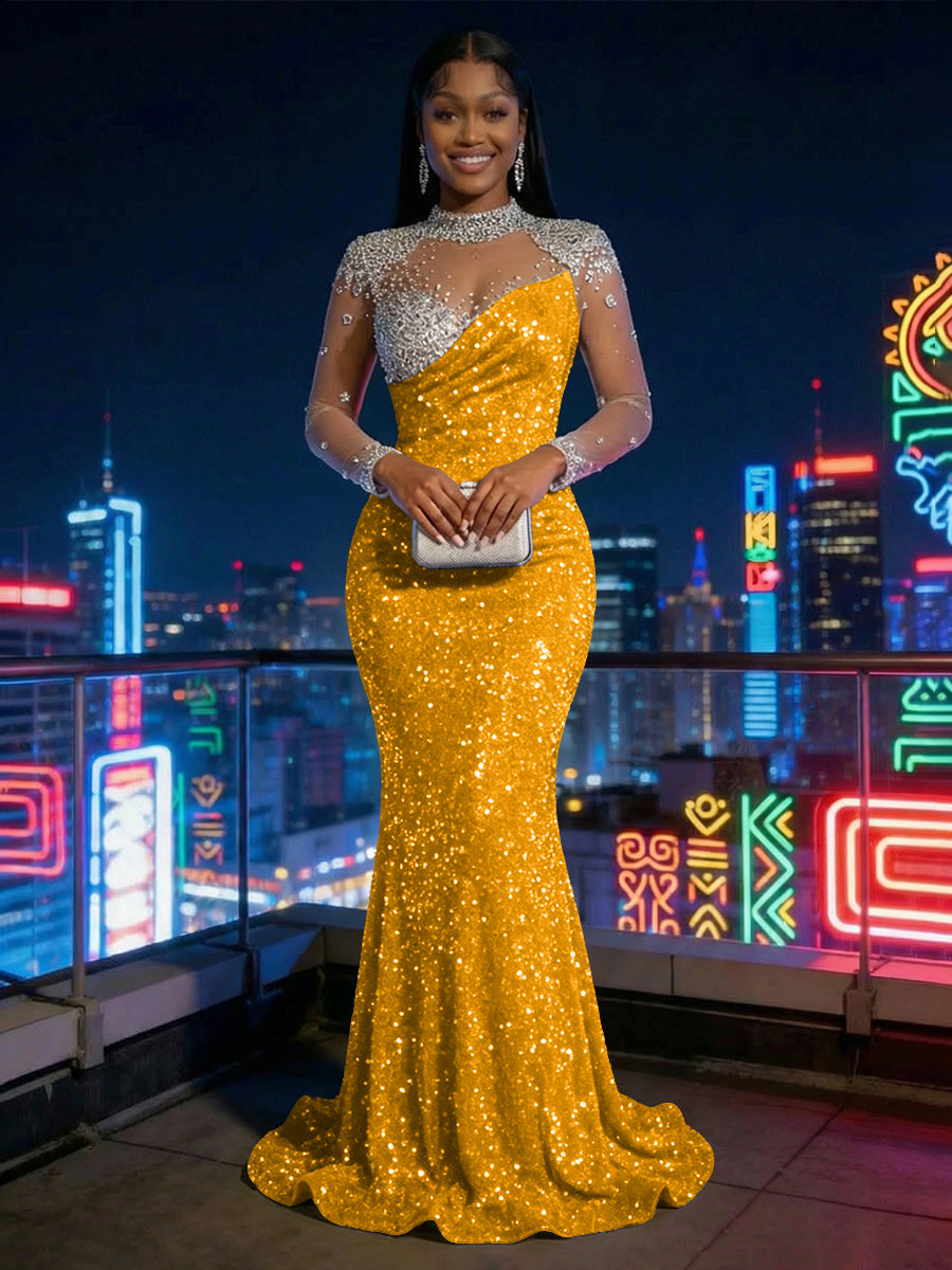 Mermaid Sparkly Sequin Illusion Long Sleeves Evening Dresses with Rhinestones