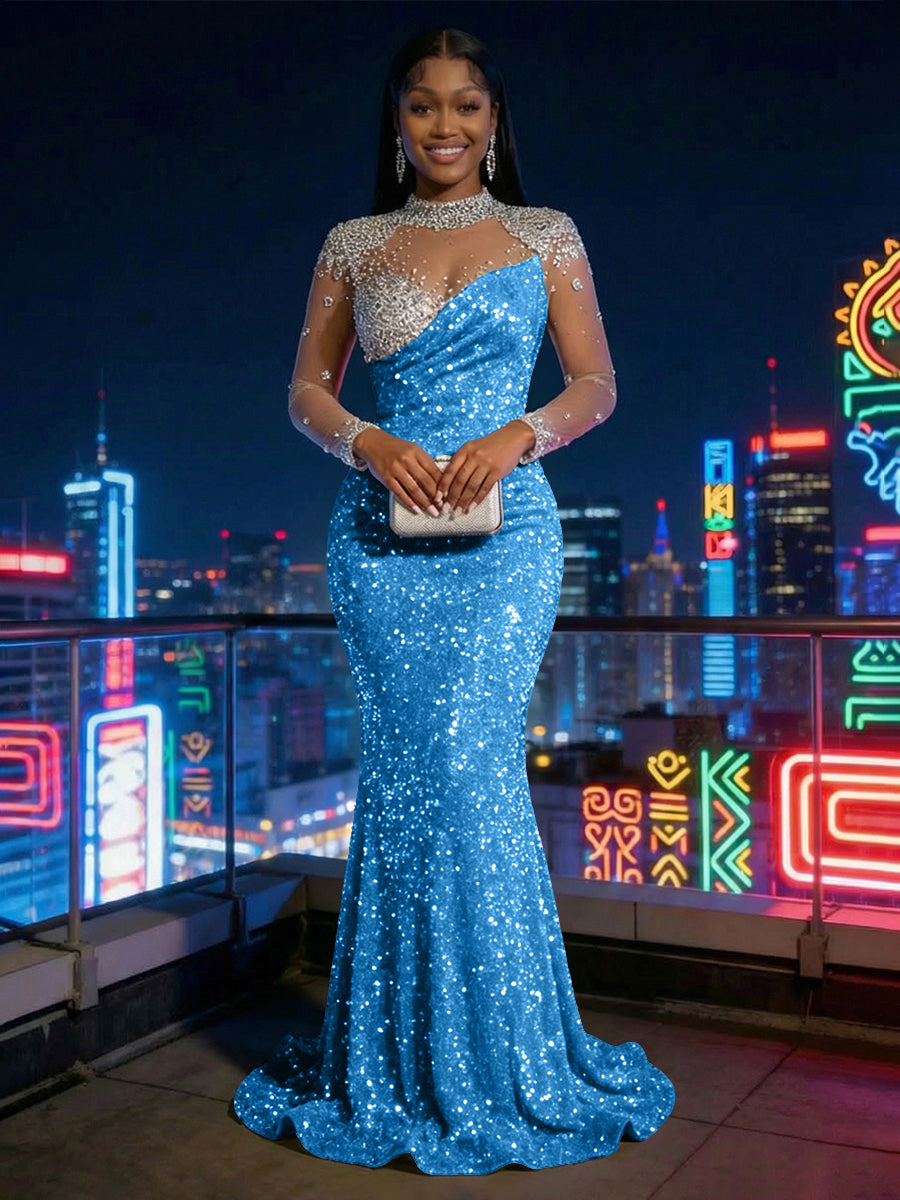 Mermaid Sparkly Sequin Illusion Long Sleeves Evening Dresses with Rhinestones