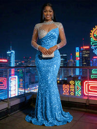 Mermaid Sparkly Sequin Illusion Long Sleeves Evening Dresses with Rhinestones