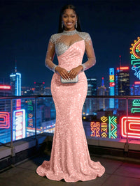 Mermaid Sparkly Sequin Illusion Long Sleeves Evening Dresses with Rhinestones