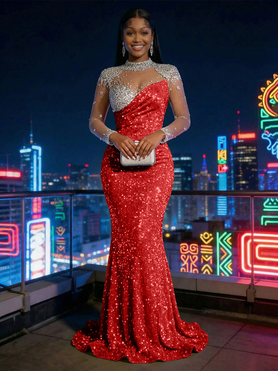 Mermaid Sparkly Sequin Illusion Long Sleeves Evening Dresses with Rhinestones