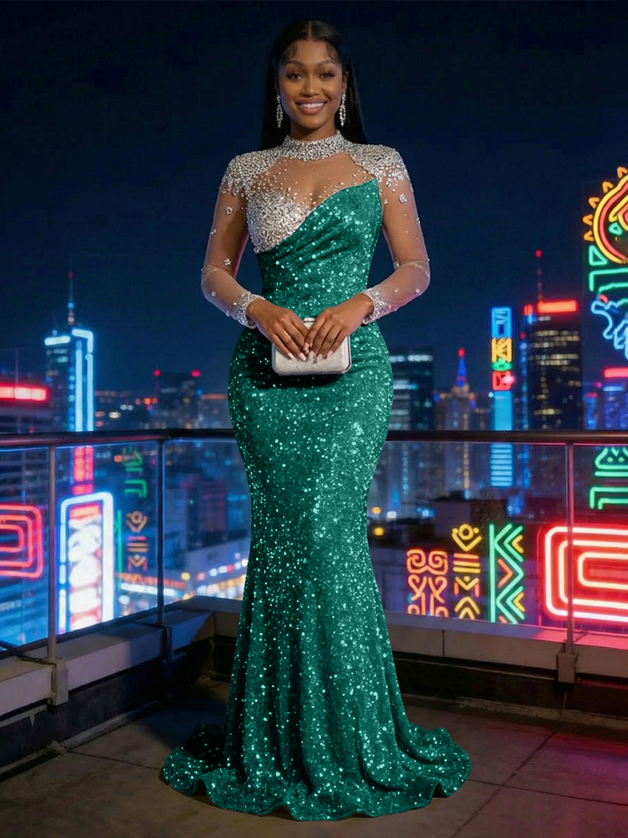 Mermaid Sparkly Sequin Illusion Long Sleeves Evening Dresses with Rhinestones