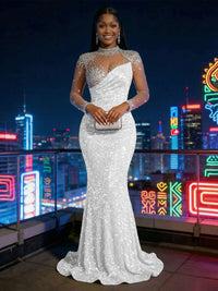 Mermaid Sparkly Sequin Illusion Long Sleeves Evening Dresses with Rhinestones