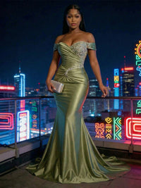 Mermaid Satin Off Shoulder Evening Dresses with Sequin Ruched Bodice & Sweep Train