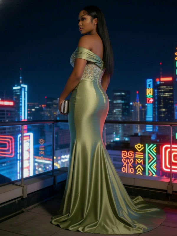 Mermaid Satin Off Shoulder Evening Dresses with Sequin Ruched Bodice & Sweep Train