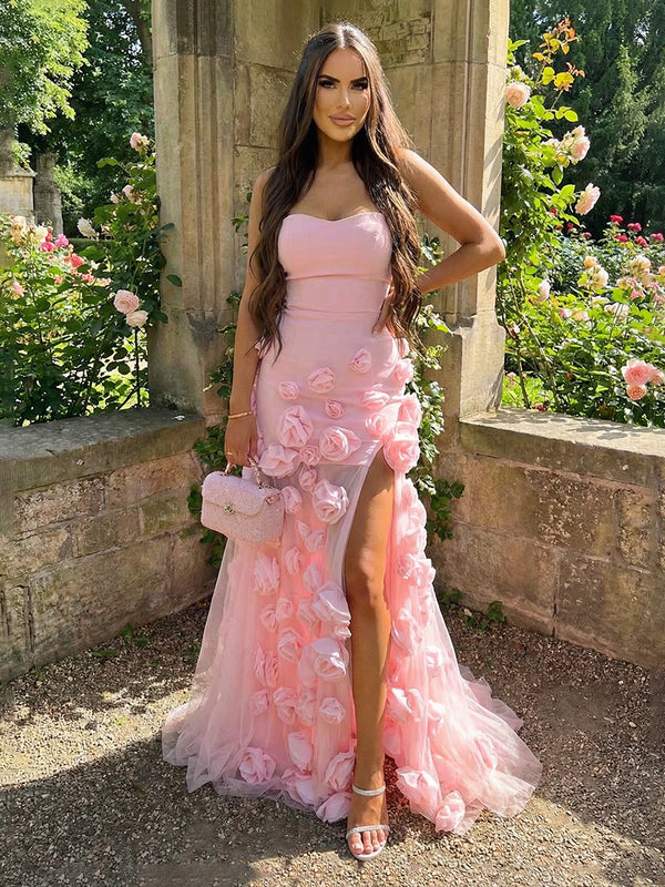 Tulle Sheath/Column Sweetheart Floor-Length Evening Dresses with 3D Flowers