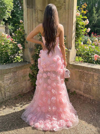 Tulle Sheath/Column Sweetheart Floor-Length Evening Dresses with 3D Flowers