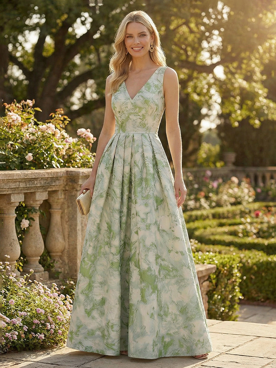Floral Print A-Line/Princess V-Neck Floor-Length Evening Dresses for Women