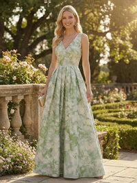 Floral Print A-Line/Princess V-Neck Floor-Length Evening Dresses for Women