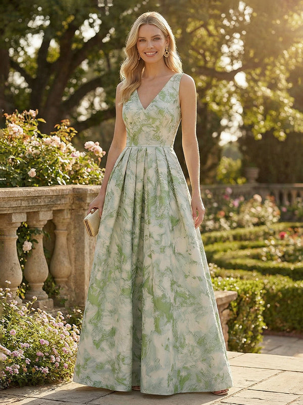 Floral Print A-Line/Princess V-Neck Floor-Length Evening Dresses for Women