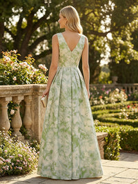 Floral Print A-Line/Princess V-Neck Floor-Length Evening Dresses for Women