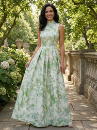 Floral Print A-Line/Princess High Neck Floor-Length Evening Dresses for Women