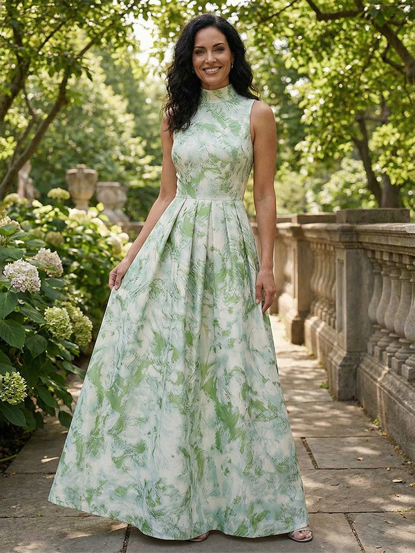 Floral Print A-Line/Princess High Neck Floor-Length Evening Dresses for Women