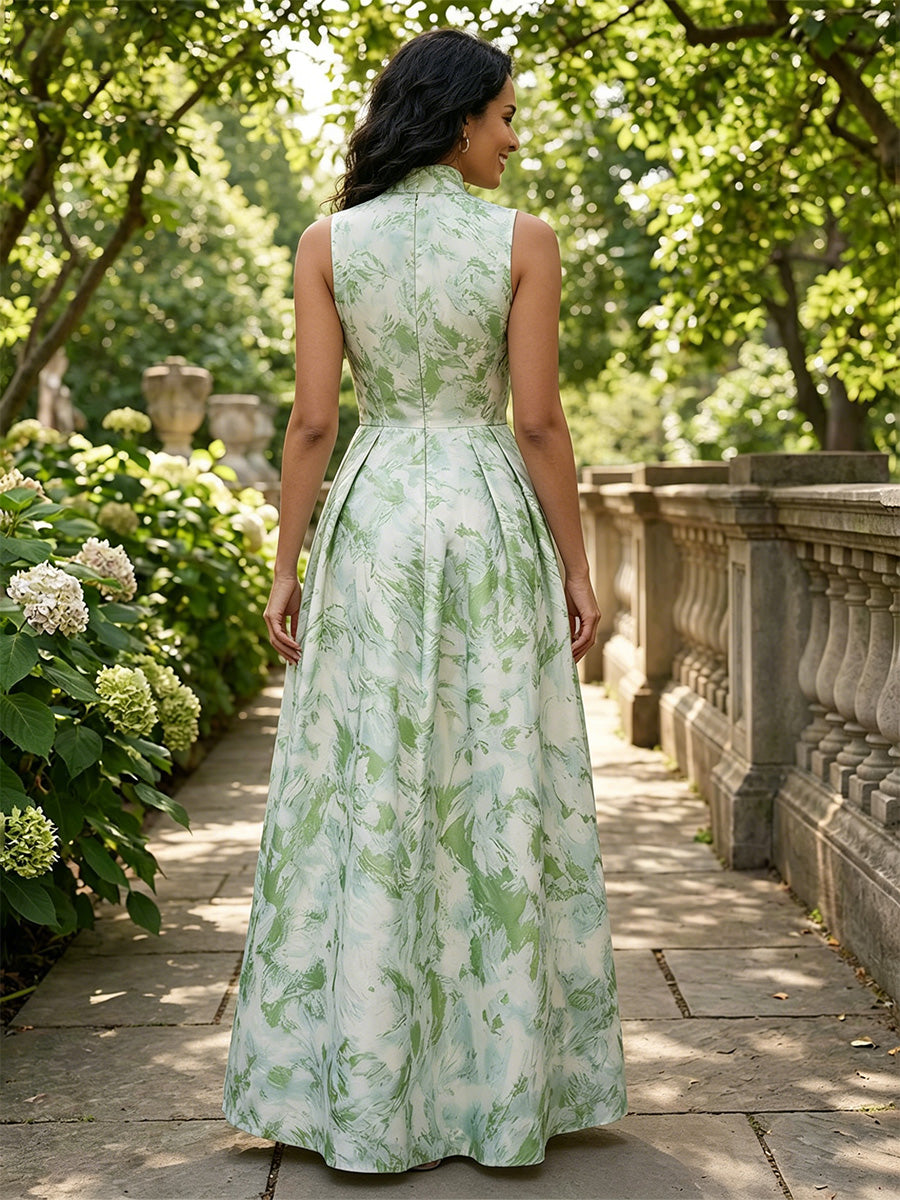 Floral Print A-Line/Princess High Neck Floor-Length Evening Dresses for Women