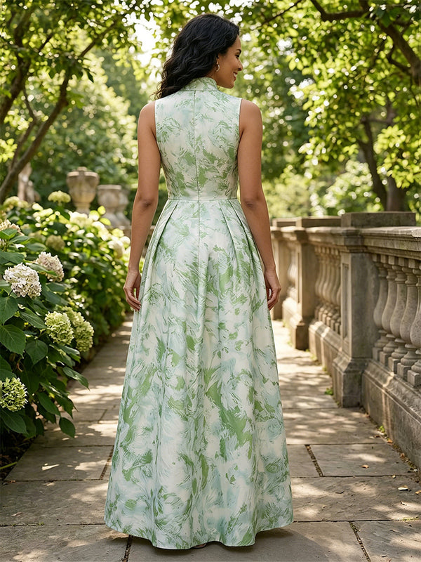 Floral Print A-Line/Princess High Neck Floor-Length Evening Dresses for Women