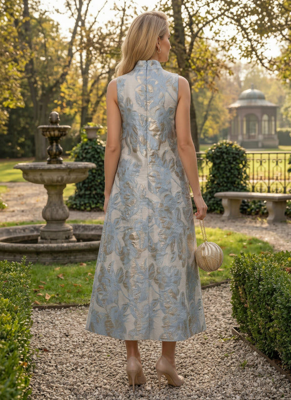 Jacquard Shift Dresses High Neck Evening Dresses for Women Formal Gowns with Pockets