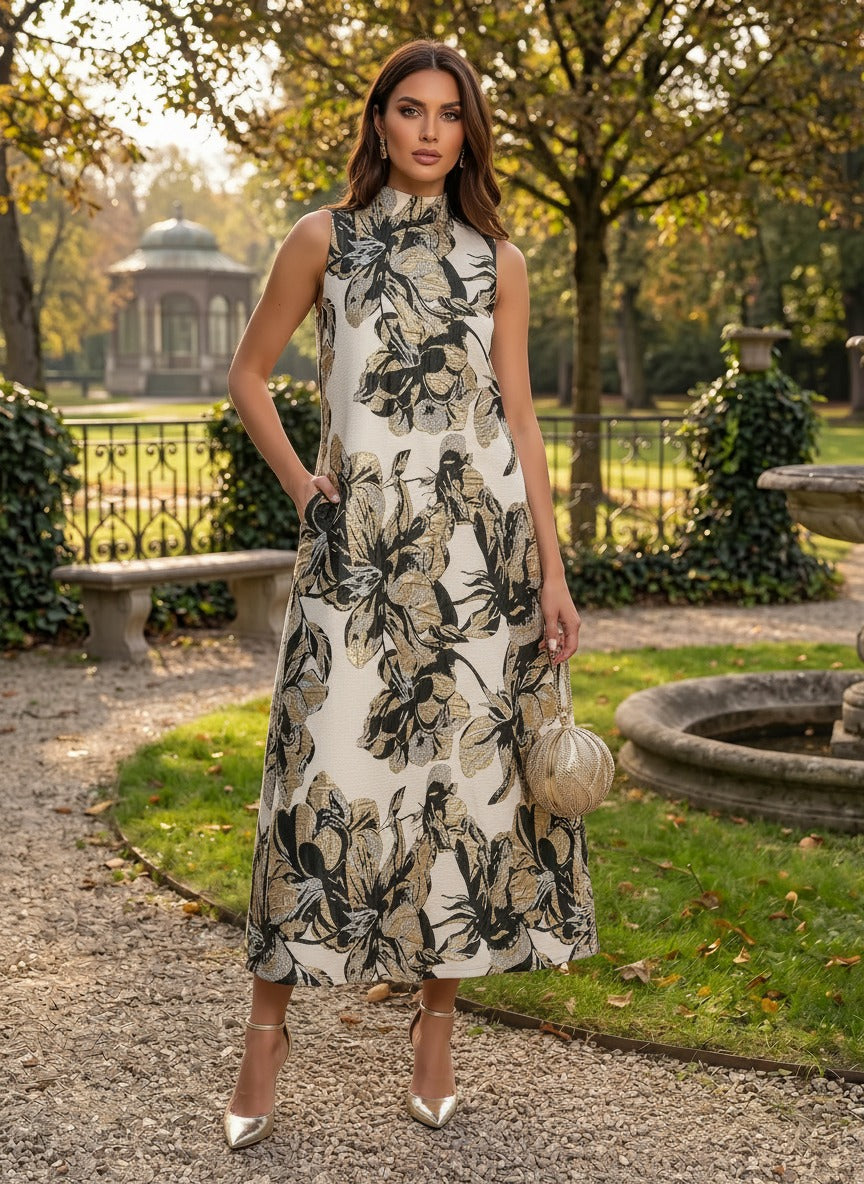 Shirees Black Jacquard Shift Dresses High Neck Evening Dresses for Women Formal Gowns with Pockets 2026