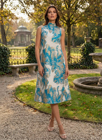 Jacquard Shift Dresses High Neck Evening Dresses for Women Formal Gowns with Pockets