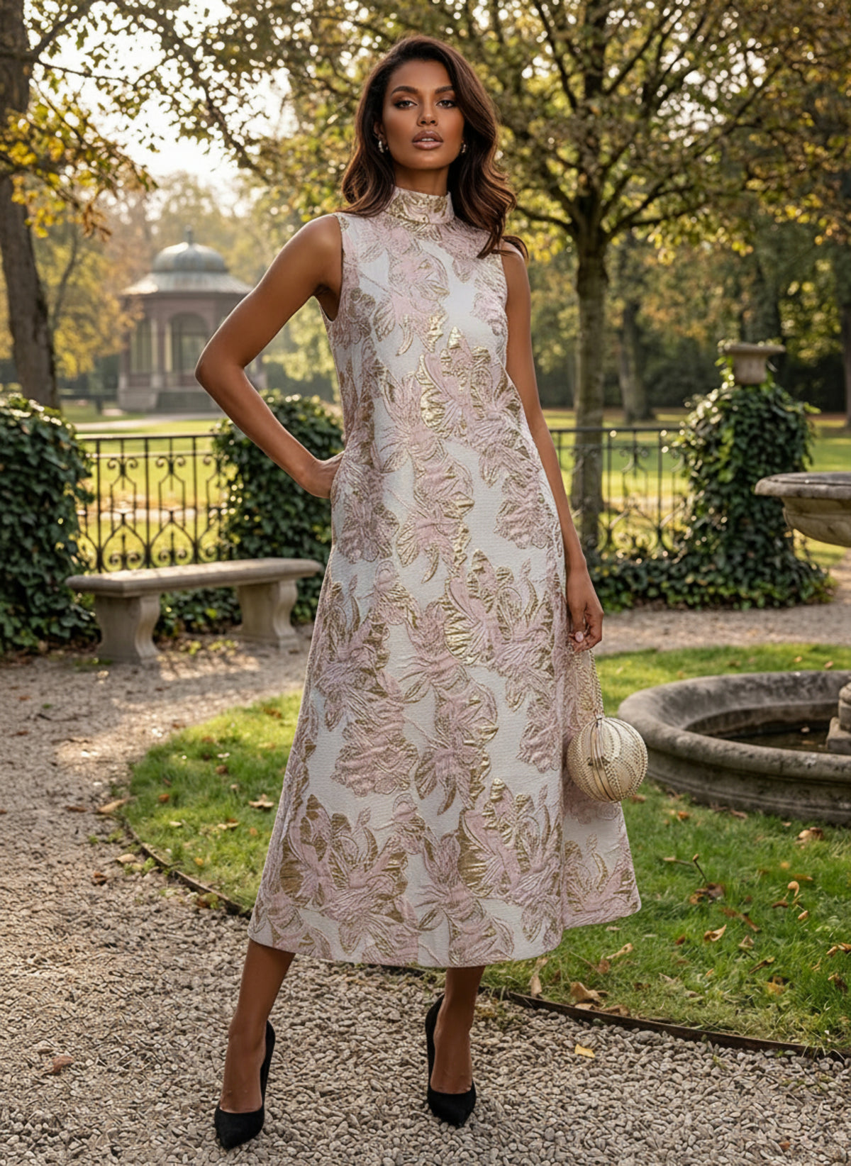 Jacquard Shift Dresses High Neck Evening Dresses for Women Formal Gowns with Pockets