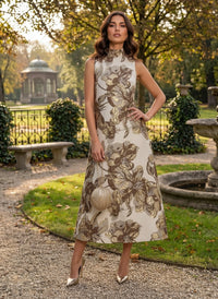 Jacquard Shift Dresses High Neck Evening Dresses for Women Formal Gowns with Pockets