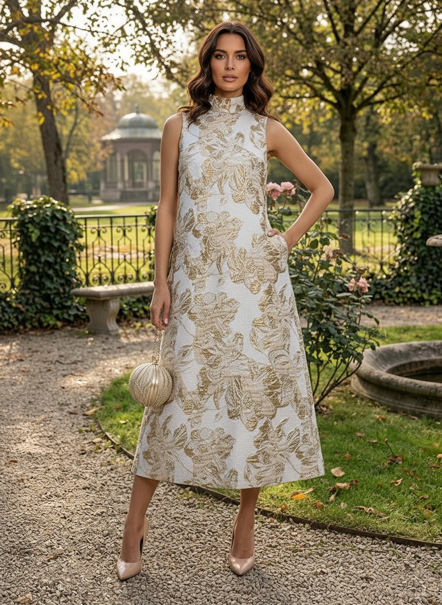 Jacquard Shift Dresses High Neck Evening Dresses for Women Formal Gowns with Pockets