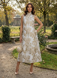 Jacquard Shift Dresses High Neck Evening Dresses for Women Formal Gowns with Pockets